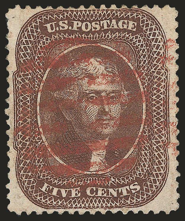 5c Brown, Ty. II (30A).> Unusually well centered with wide side margins, deep rich Chocolate shade complemented by a neat <red grid> cancel, Extremely Fine, with 2008 P.S.E. certificate (VF-XF 85 SMQ
$540.00)