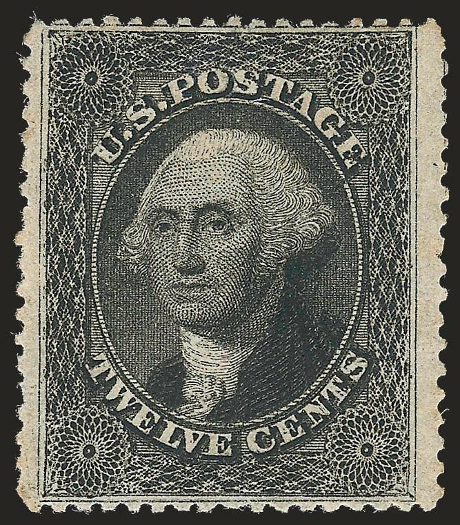 12c Black, Plate 3 (36B).> Original gum, lightly hinged, Jumbo side margins and exceptionally well-centered, classic intense muddy Black shade which is characteristic of the Plate 3 printing, Very Fine and
choice, with 2008 P.S.E. certificate (OGph