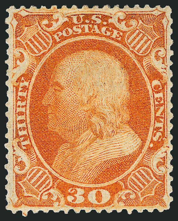30c Orange (38).> Original gum, vibrant color, unusually choice centering with wide and balanced margins<><>^EXTREMELY FINE GEM. A BEAUTIFUL ORIGINAL-GUM EXAMPLE OF THE 30-CENT 1860 ISSUE WITH FRESH VIBRANT
COLOR. AN EXCEEDINGLY DIFFICULT STAMP TO