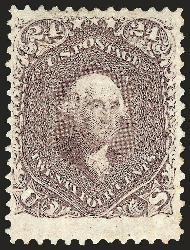 24c Brown Lilac (70a).> Original gum, attractively centered, wide margins, fresh bright color, Very Fine, with 1983 P.F. certificate (as No. 70) and 2008 P.S.E. certificate (as No. 70a)