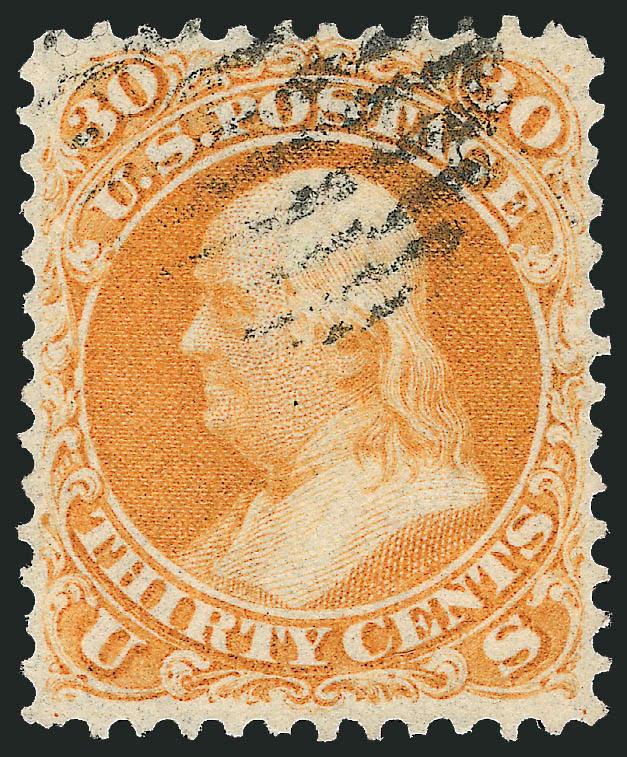 30c Orange (71).> Vibrant color as fresh as the day it was printed, neat strike of grid cancel, choice centering with well-proportioned margins, Extremely Fine, the tightly-spaced 30c 1861 Issue is rarely found
with perfs clear of the design and choi