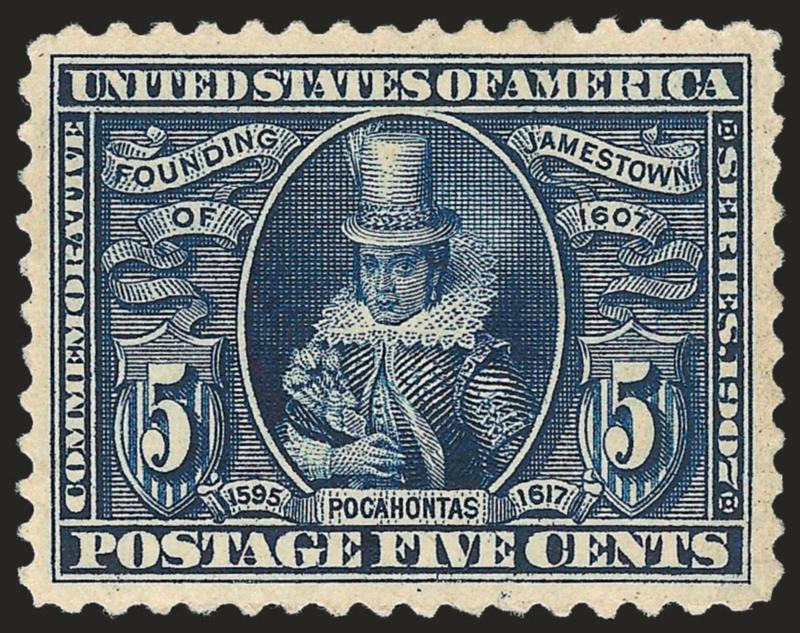 5c Jamestown (330).> Uncharacteristically wide margins and exceptionally well-centered, rich color, clear impression, Extremely Fine Gem, a very difficult issue to find centered and with wide margins, with 2008
P.S.E. certificate (OGph, XF-Superb 95
