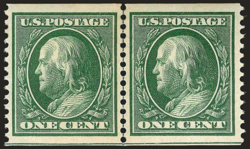 1c Green, Coil (352).> Guide line pair, lightly hinged, deep rich color, almost perfectly centered with wide and balanced margins, fresh and Extremely Fine, scarce with such choice centering, ex Scarsdale, with
1996 P.F. and 2004 P.S.E. certificates