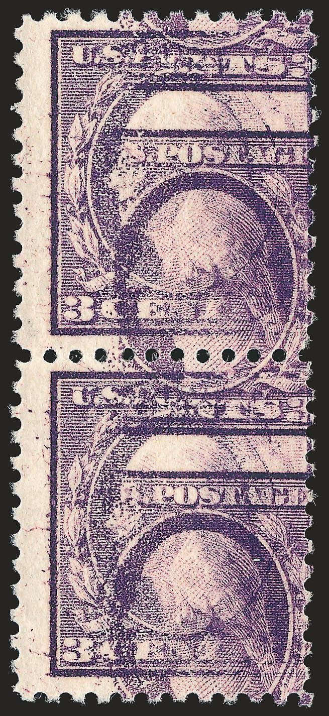 3c Dark Violet, Ty. II, Double Impression (502d).> Vertical pair, lightly hinged, strong doubling, typical centering with perfs in at right