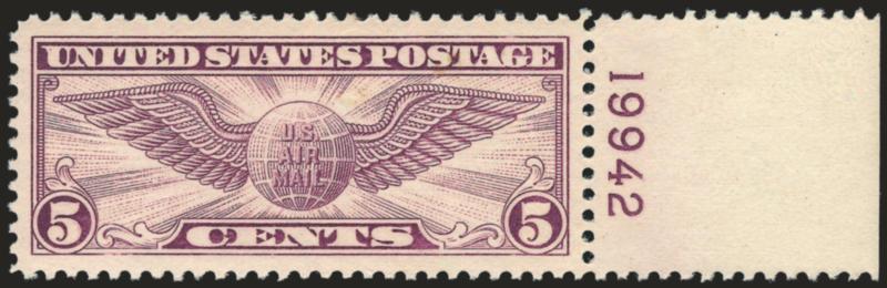 5c Winged Globe, Air Post (C12).> Mint N.H. with <plate no. 19942 at right,> perfect centering with Jumbo margins, Extremely Fine Gem, the long-format Air Post issues are exceedingly difficult to get graded 98
or better, because the horizontal perfs