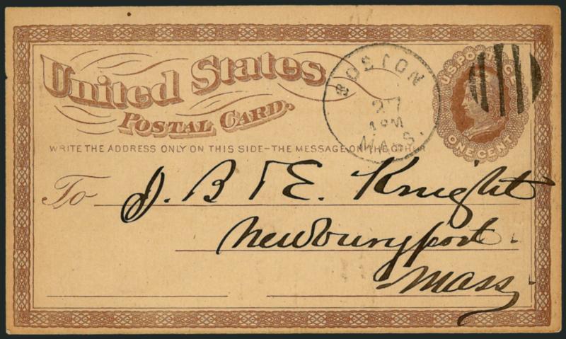 1c Brown on Buff, Postal Card, Without Wmk. (UX3a).> Cancelled by neat Boston Mass. ? 27 with grid duplex to Newburyport Mass., Very Fine, this variety is not known unused, with 2004 P.F. certificate,
undercatalogued in Scott