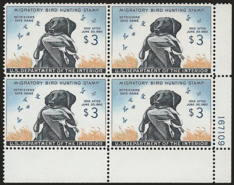 $3.00 1959 Hunting Permit (RW26).> Mint N.H. bottom right plate no. 167109 block of four, beautifully centered, Extremely Fine