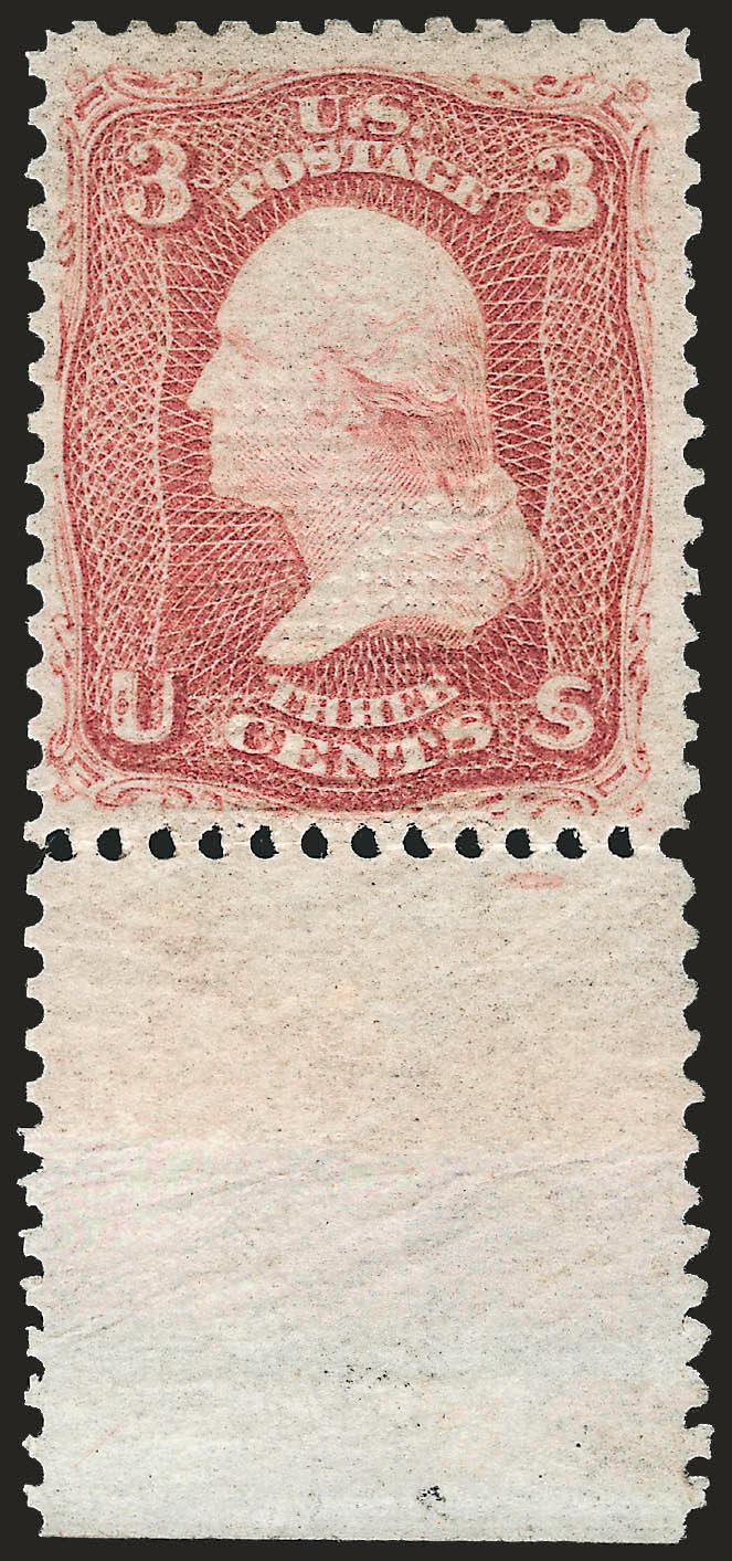 3c Rose, Z. Grill (85C).> Original gum, lightly hinged, <wide selvage at bottom,> rich color, detailed impression, clearly-defined grill<><>^VERY FINE AND CHOICE. THE 1868 3-CENT Z GRILL IS ONE OF THE SCARCEST
OF THE REGULARLY-PRODUCED GRILLED ISSU