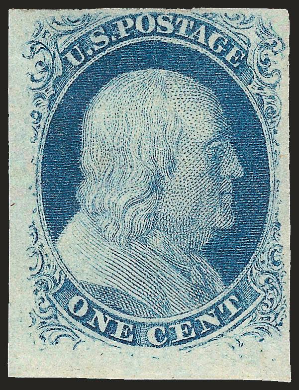 1c Blue, Ty. III, Position 99R2 (8).> Original gum, large margins to ample at top with <sheet margin at bottom,> bright shade and crisp impression which clearly shows the double transfer at top right<><>^VERY
FINE AND CHOICE. WIDELY REGARDED AS THE