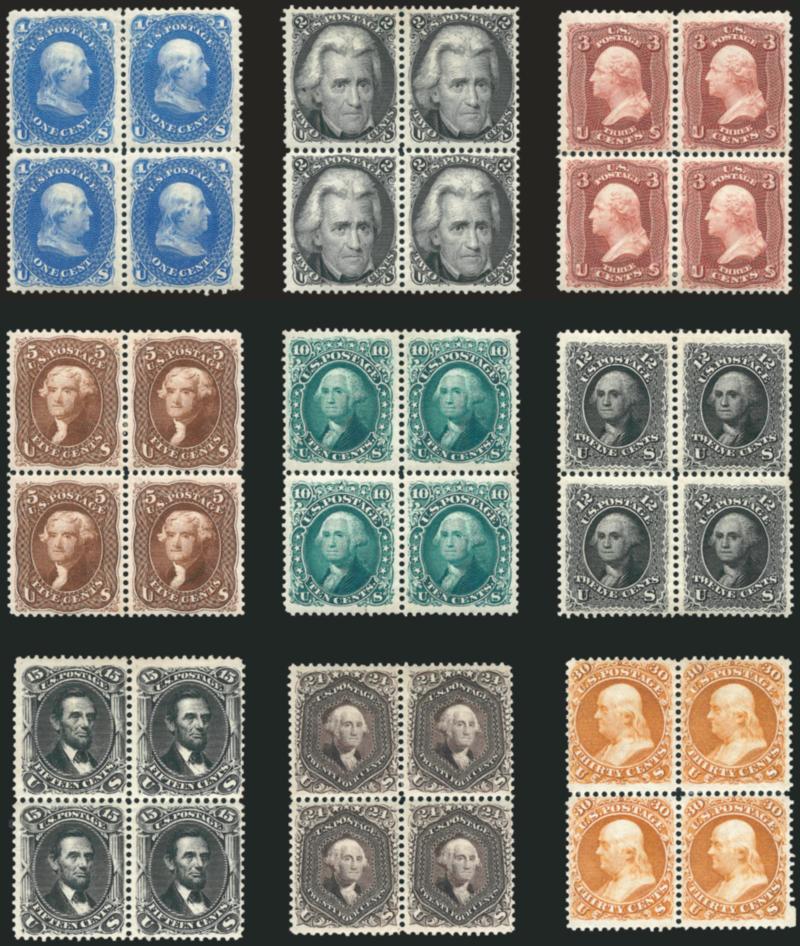 1c-30c 1875 Re-Issue of 1861-66 Issue (102-110).> Blocks of four, original gum, deep rich colors and proof-like impressions, choice centering throughout, few trivial imperfections incl. 1c light crease at top
right, 3c small thin spot at left, 15c fa