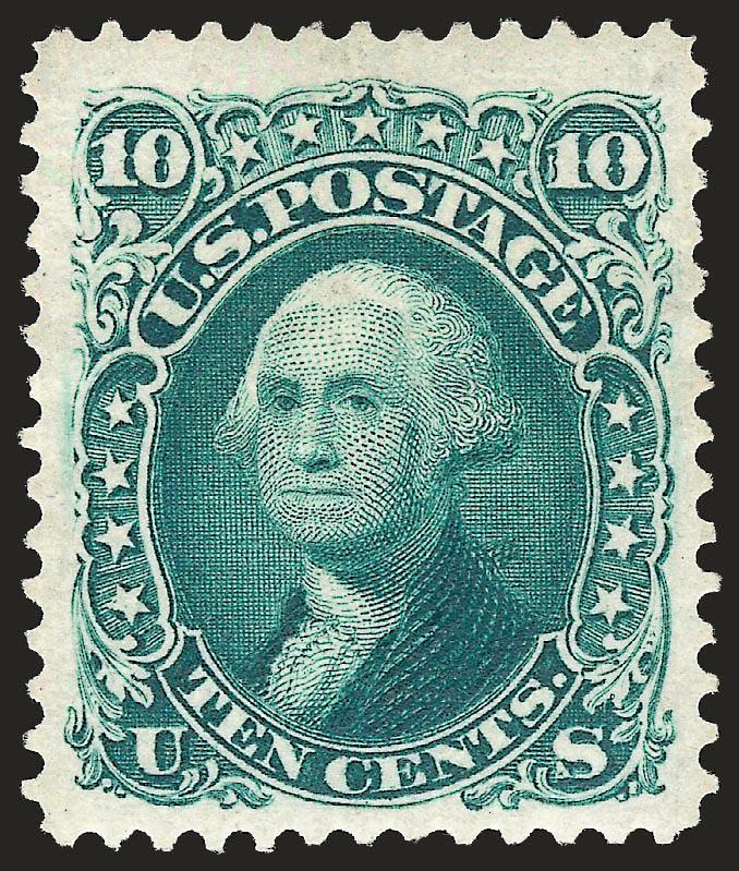 10c Green, Re-Issue (106).> Original gum, lightly hinged, rich color on bright paper, wide margins<><>^VERY FINE AND CHOICE. A PARTICULARLY WIDE-MARGINED ORIGINAL-GUM EXAMPLE OF THE 10-CENT 1861
RE-ISSUE.^<><>Only 451 sold. With 1993 P.F. certifi