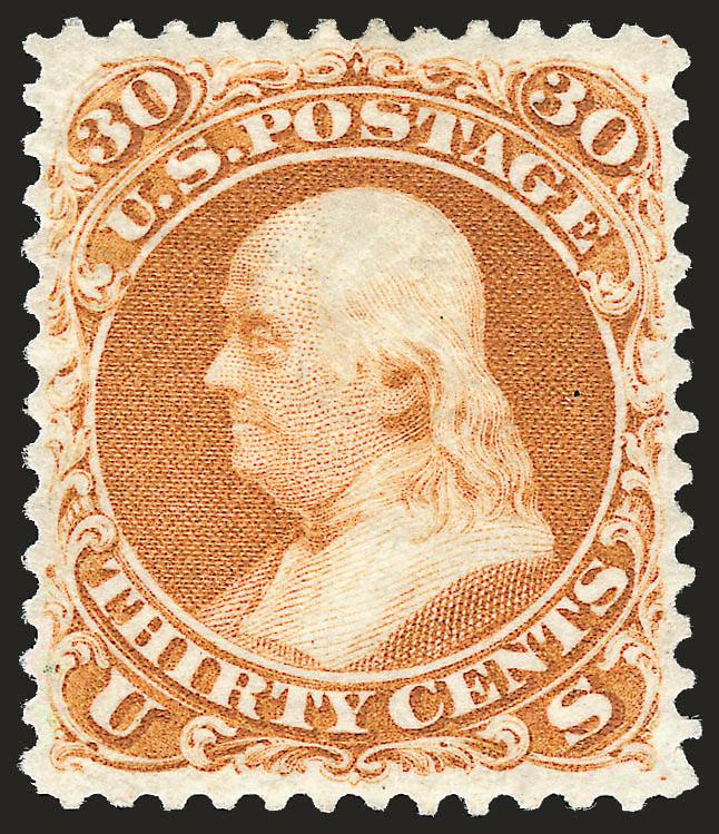 30c Brownish Orange, Re-Issue (110).> Original gum, vibrant color as fresh as the day it was printed, bright paper, gorgeous centering with well-proportioned margins<><>^EXTREMELY FINE GEM. A STUNNING
ORIGINAL-GUM EXAMPLE OF THE 30-CENT 1861 RE-ISS