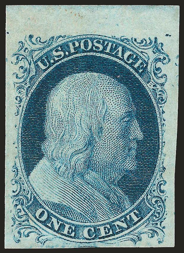 1c Blue, Ty. IV (9).> Position 5L1L, original gum, barely hinged, huge margins incl. trace of three adjoining stamps and <sheet margin at top,> intense shade and impression on bright paper<><>^EXTREMELY FINE GEM.
A BEAUTIFUL ORIGINAL-GUM EXAMPLE OF