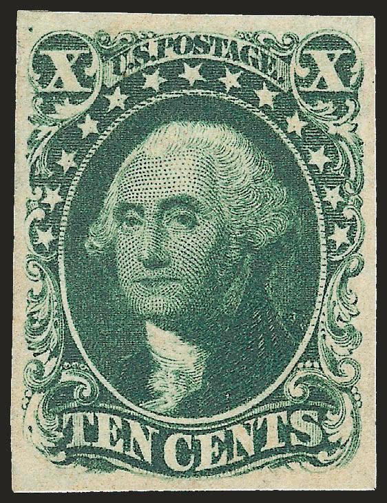10c Green, Ty. II (14).> Original gum, large and even margins all around, deep rich color, proof-like impression<><>^EXTREMELY FINE GEM. A STUNNING ORIGINAL-GUM EXAMPLE OF THE 1855 IMPERFORATE 10-CENT TYPE II.
WORTHY OF THE FINEST COLLECTION.^<><