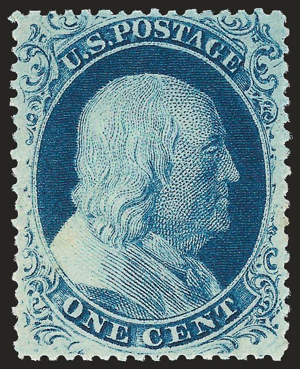 1c Blue, Ty. IIIa (22). Mint N.H.,> deep rich color and proof-like impression, beautiful centering, unusually choice centering showing wide break at top and complete outer line at bottom (the identifying
characteristic of the type)<><>^EXTREMELY FI