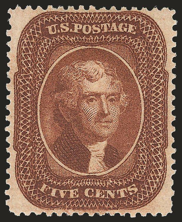 5c Orange Brown, Ty. II (30).> Original gum, lightly hinged, beautiful warm shade and detailed impression, perfectly centered with well-proportioned margins<><>^EXTREMELY FINE GEM. A SUPERB ORIGINAL-GUM EXAMPLE
OF THE 1861 5-CENT ORANGE BROWN. SCAR