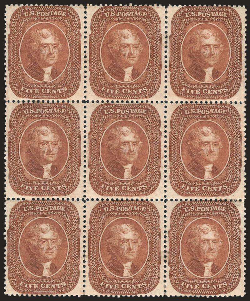 5c Orange Brown, Ty. II (30).> Block of nine, original gum, <center stamp Mint N.H.,> others very lightly hinged, radiant color, the center horizontal row (with the Mint N.H. stamp) is particularly well-centered,
few sensibly reinforced perf separati