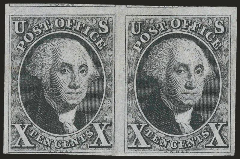 10c Black (2).> Horizontal pair, original gum, lightly hinged, huge margins to clear incl. part of adjoining stamps at top, sharp proof-like impression, left stamp with trivial small corner crease at top left,
right stamp with faint vertical crease a