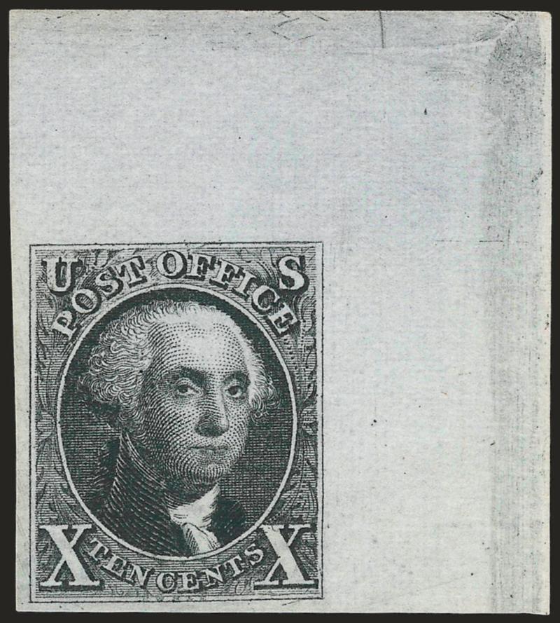 10c Black, Reproduction (4).> Without gum as issued, massive margins incl. <top right corner sheet margins,> the sheet margin is so wide that one can see the edge of the printing plate, intense shade, remarkably
detailed impression<><>^EXTREMELY FI