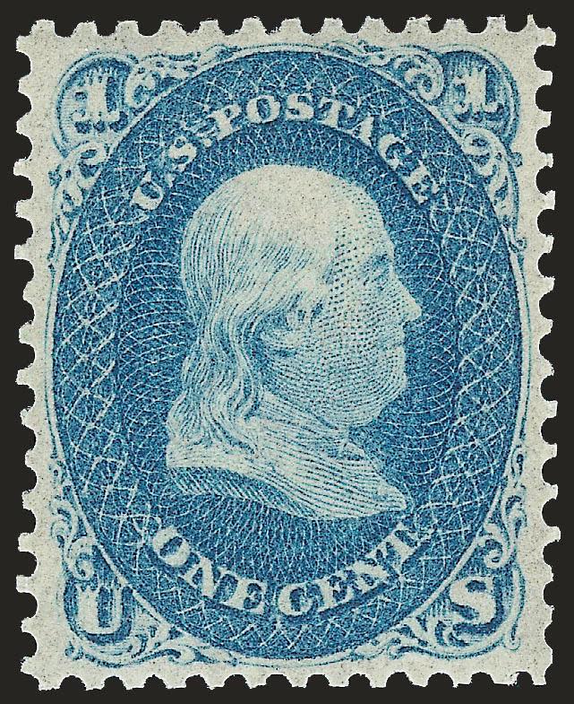 1c Blue (63). Mint N.H.,> deep rich color and proof-like impression on post-office fresh paper, gorgeous centering with wide and balanced margins<><>^EXTREMELY FINE GEM. A SUPERB MINT NEVER-HINGED EXAMPLE OF THE
ONE-CENT 1861 ISSUE, WITH MINT NEVER