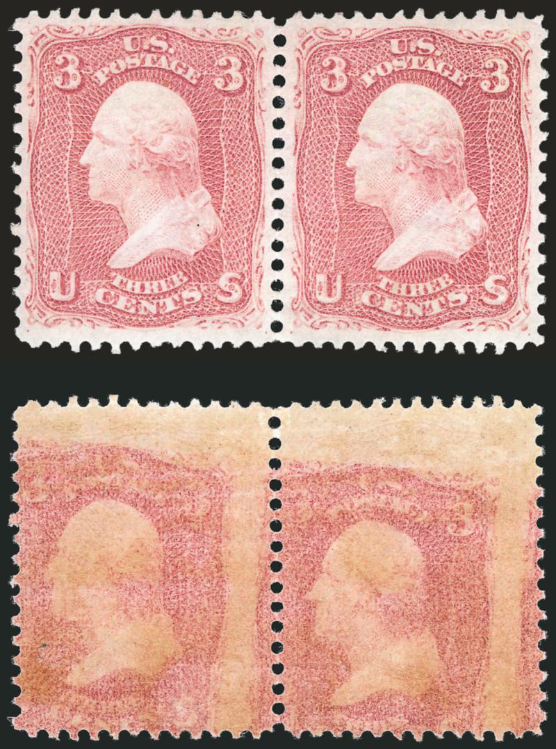 3c Rose, Printed on Both Sides (65e).> Horizontal pair, original gum which is only barely hinged (if at all), face of stamps are well-centered, back shows strong impressions inverted relative to the face, long
and full perforations all around<><>^E