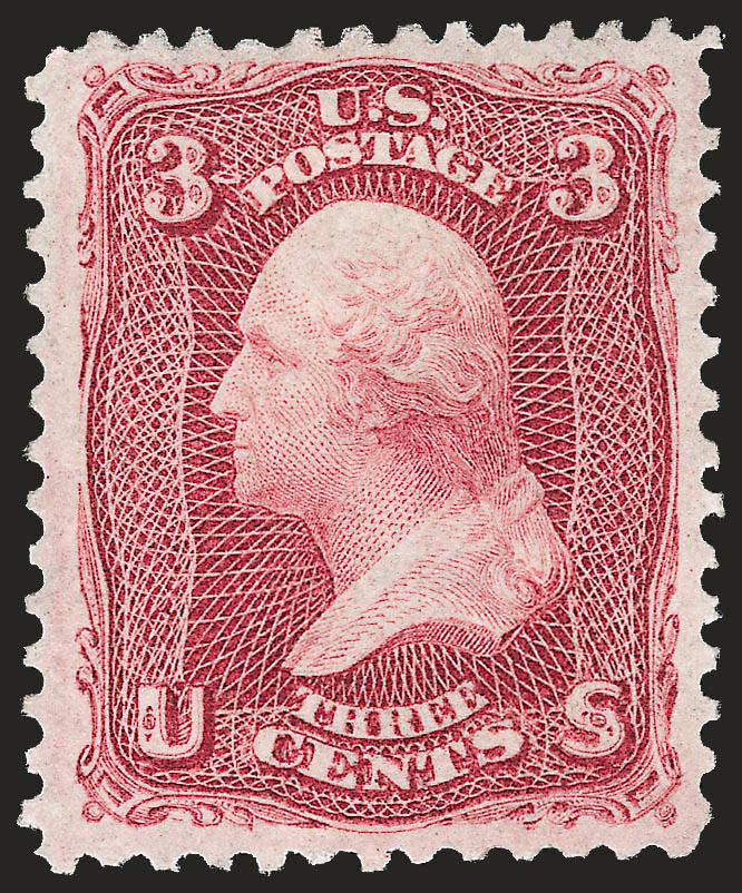 3c Lake (66).> Original gum, lightly hinged, deep rich color and proof-like impression on bright paper, well-balanced margins<><>^EXTREMELY FINE ORIGINAL-GUM EXAMPLE OF THE 1861 LAKE TRIAL PRINTING.^<><>With 1976
and 1993 P.F. certificates