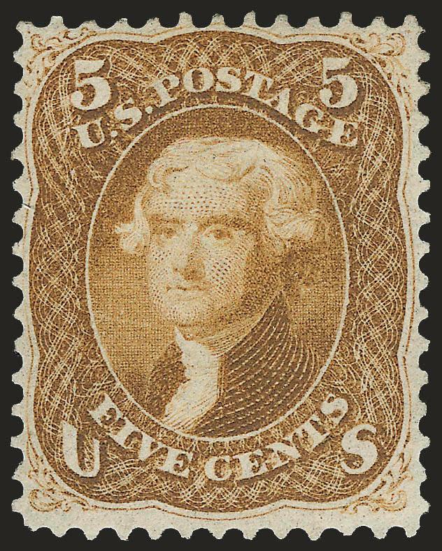 5c Buff (67).> Original gum, barest trace of hinging, deep rich color and proof-like impression on crisp paper, long and full perforations all around<><>^VERY FINE. A RARE SOUND ORIGINAL-GUM EXAMPLE OF THE 1861
5-CENT BUFF. THIS IS ONE OF THE MOST