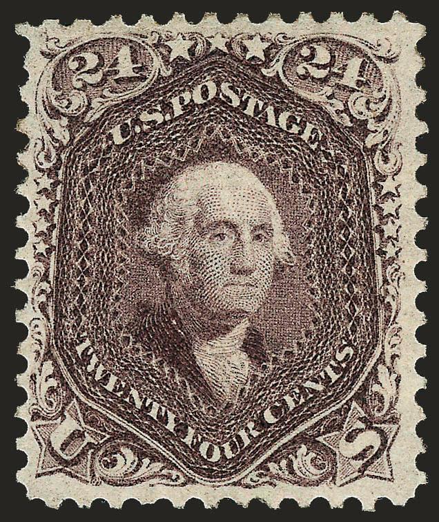 24c Red Lilac (70).> Original gum, absolutely stunning deep rich color and sharp proof-like impression, choice centering with extra wide margin at right<><>^VERY FINE AND CHOICE. A BEAUTIFUL STAMP IN TERMS OF
COLOR, IMPRESSION, CENTERING, FRESHNESS