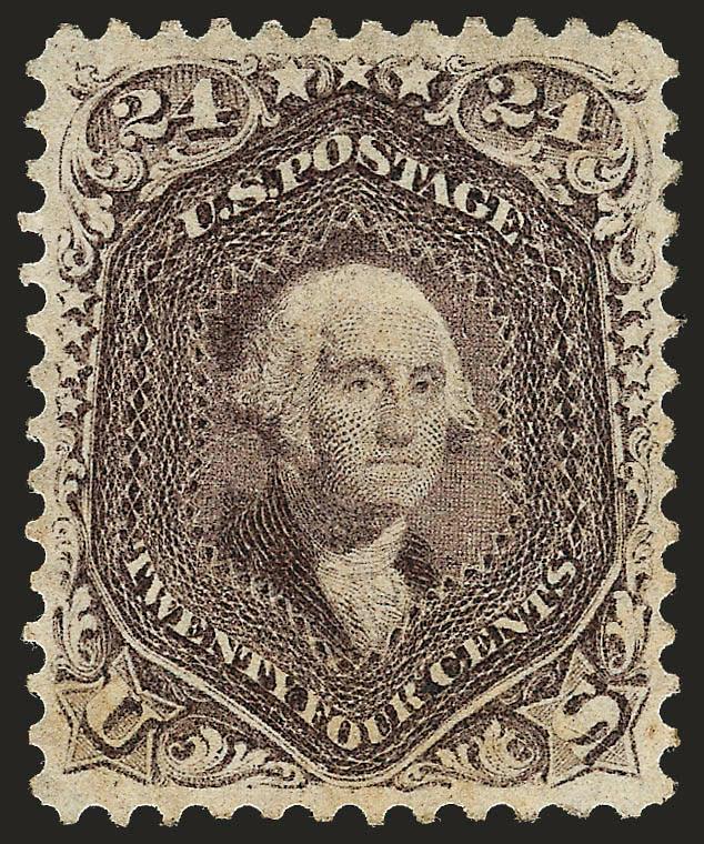 24c Brown Lilac (70a).> Original gum, lightly hinged, deep rich color and proof-like impression on crisp paper, gorgeous centering with wide and balanced margins<><>^EXTREMELY FINE GEM. THIS IS WITHOUT QUESTION
ONE OF THE FINEST ORIGINAL-GUM EXAMPL