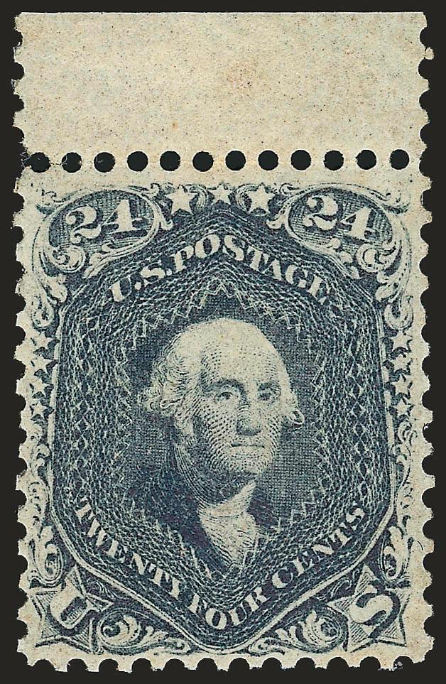24c Steel Blue (70b).> Original gum, barest trace of hinging, remarkably deep rich color and proof-like impression in crisp paper, <selvage at top,> choice centering<><>^EXTREMELY FINE. A STUNNING ORIGINAL-GUM
EXAMPLE OF THE 1861 24-CENT STEEL BLUE