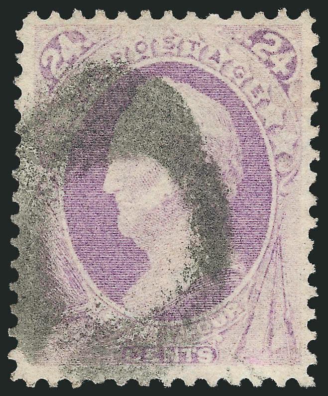24c Purple, Grill (142).> H. Grill, several clear rows of grill points, pretty shade, bold strike of cork cancel, choice centering for this difficult issue<><>^VERY FINE AND CHOICE. A PARTICULARLY FRESH EXAMPLE
OF THE 1870 24-CENT NATIONAL BANK NOT