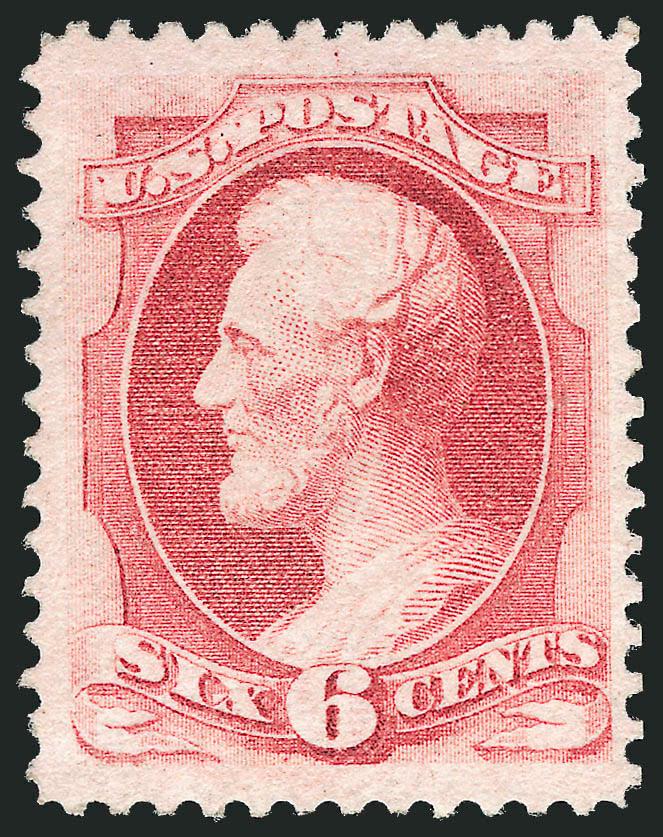 6c Carmine (148).> Original gum, lightly hinged, brilliant color, crisp impression, choice centering with wide and balanced margins<><>^EXTREMELY FINE. A PRISTINE ORIGINAL-GUM EXAMPLE OF THE 1870 6-CENT
NATIONAL BANK NOTE COMPANY UNGRILLED ISSUE. A