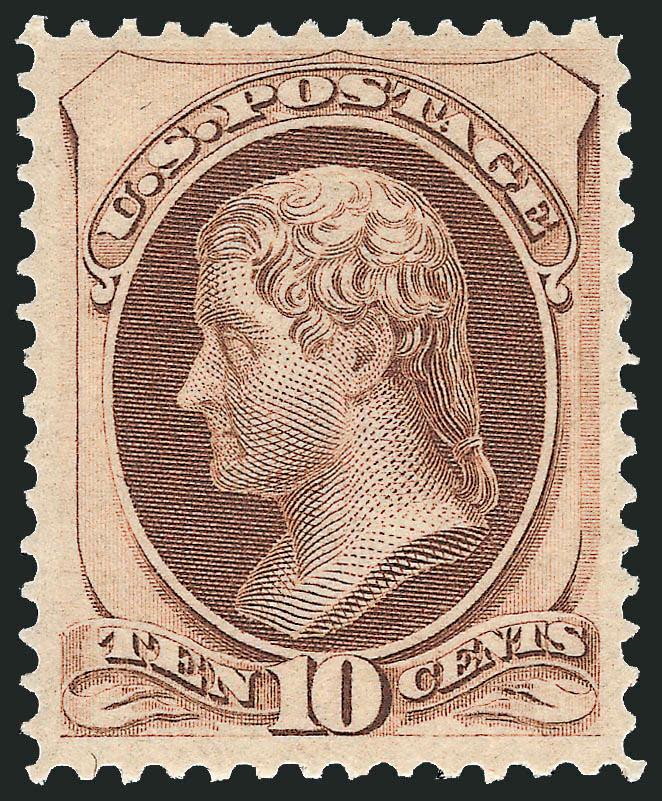 10c Brown (150). Mint N.H.,> bright shade, detailed impression, choice centering<><>^EXTREMELY FINE. A RARE MINT NEVER-HINGED EXAMPLE OF THE 1870 10-CENT NATIONAL BANK NOTE COMPANY UNGRILLED ISSUE.^<><>In
searching past auction catalogues and Pow