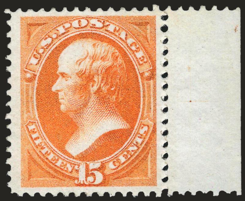 15c Bright Orange (152).> Original gum, lightly hinged, <selvage at right, vibrant color as fresh as the day it was printed on bright paper<><>^VERY FINE AND CHOICE. A BEAUTIFUL ORIGINAL-GUM EXAMPLE OF THE 1870
15-CENT NATIONAL BANK NOTE COMPANY UN