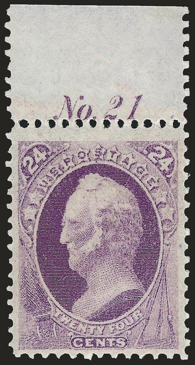 24c Purple (153). Mint N.H. with plate no. 21 selvage at top,> new P.S.E. certificate mentions fingerprints on gum, which are truly negligible and probably occurred in the National Bank Note Company gumming
room 138 years ago, intense dark color on