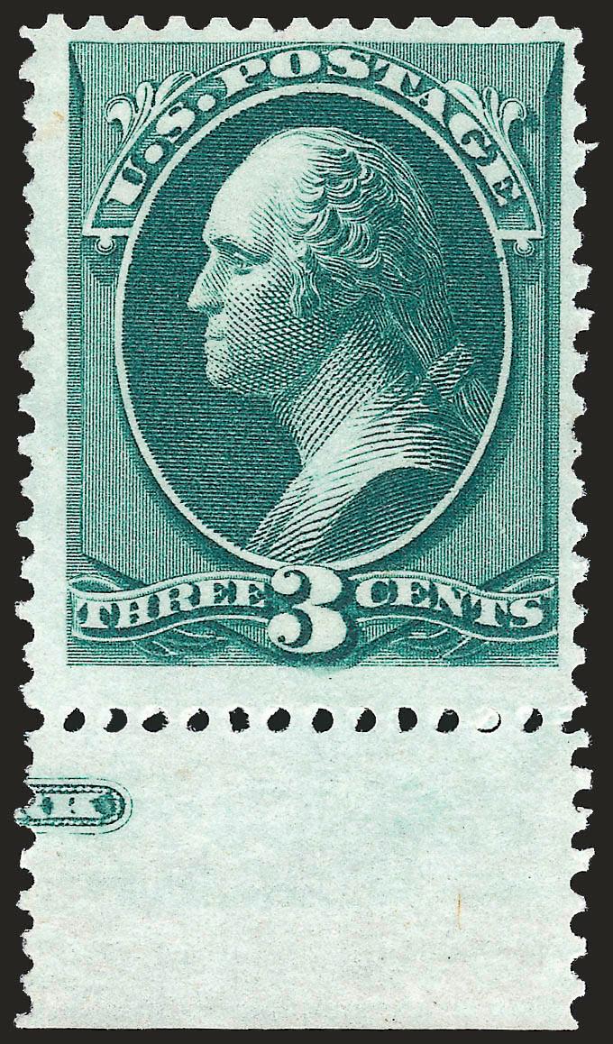3c Blue Green, Special Printing (169).> Without gum as issued, <full perforations without the usual scissors-separation, selvage at bottom with small part of imprint,> rich color<><>^VERY FINE AND CHOICE. A
MAGNIFICENT EXAMPLE OF THE 3-CENT 1875 CO