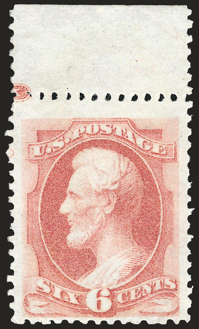 6c Dull Rose, Special Printing (170).> Without gum as issued, <full perforations without the usual scissors-separation, selvage at top with trace of imprint,> radiant color, wide margins<><>^VERY FINE AND
CHOICE. A RARE TOP SHEET SELVAGE EXAMPLE OF