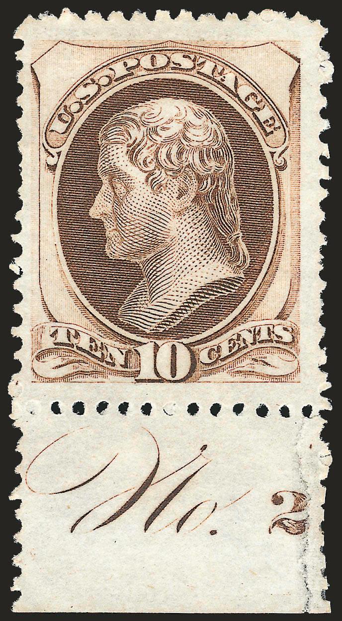 10c Pale Brown, Special Printing (172).> Without gum as issued, <bottom sheet selvage with No. 2 portion of plate number, full perforations all around without the usual scissors-separation,> bright color, wide
margins, closed tear in selvage only w