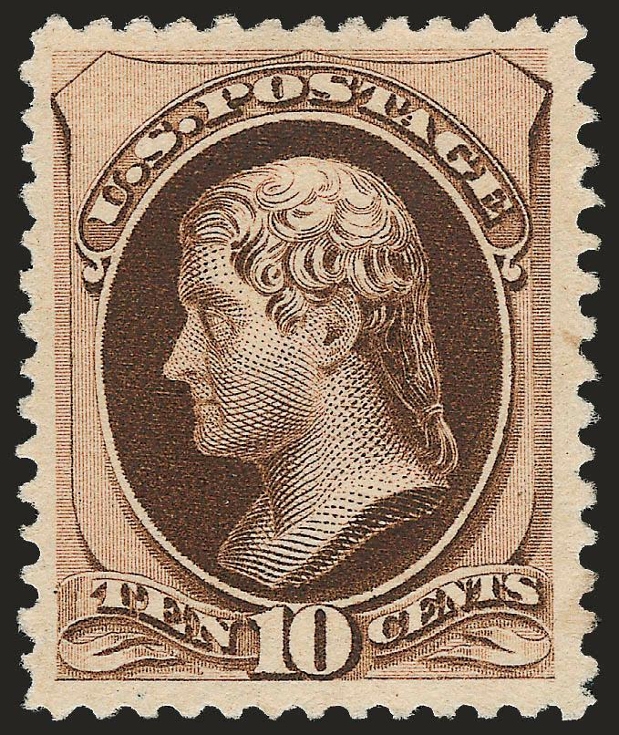 10c Deep Brown, Special Printing (197).> Without gum as issued, deep rich color, intense impression, choice centering for this difficult issue<><>^VERY FINE AND CHOICE. A STUNNING EXAMPLE OF THE RARE 10-CENT
1880 AMERICAN BANK NOTE COMPANY SPECIAL