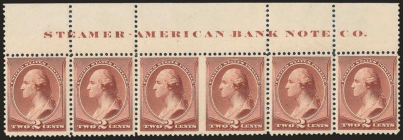 2c Pale Red Brown, Special Printing, Horizontal Pair, Imperforate Between (211Bc). Horizontal strip of six with ^STEAMER- - AMERICAN BANK NOTE CO.^ imprint in top selvage and imperforate-between pair at
center,> original gum, barest trace of previo