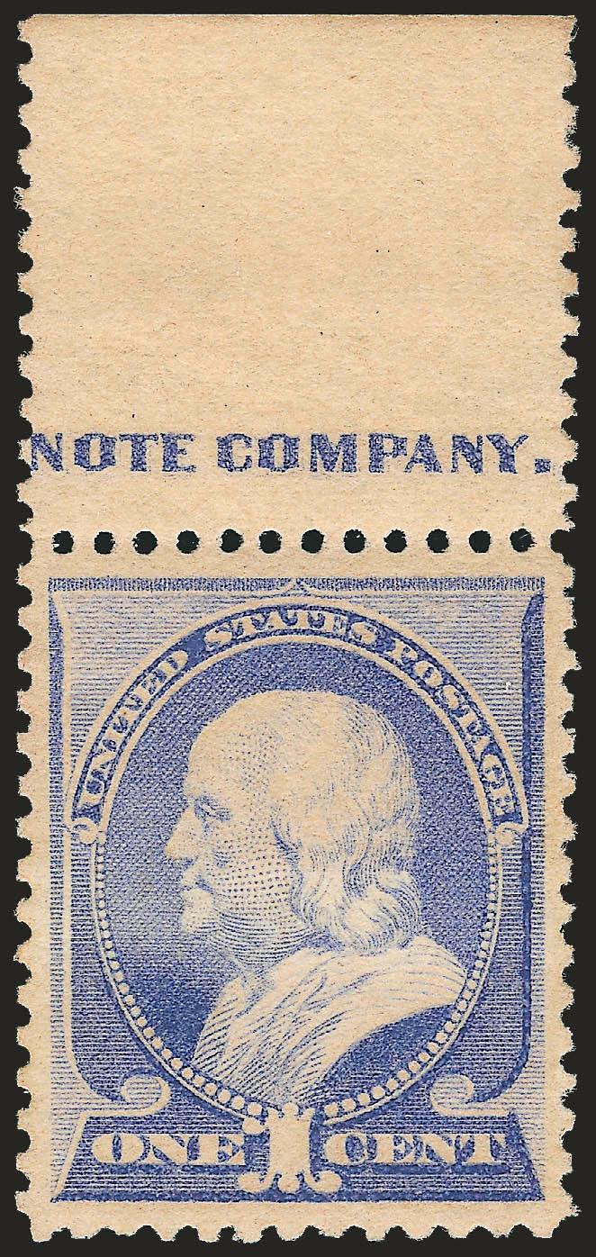 1c Ultramarine (212).> Mint N.H. with <part imprint with wide selvage at top,> radiant color, well-balanced margins, fresh and Extremely Fine, with 1993 P.F. and 2008 P.S.E. certificates (XF 90)