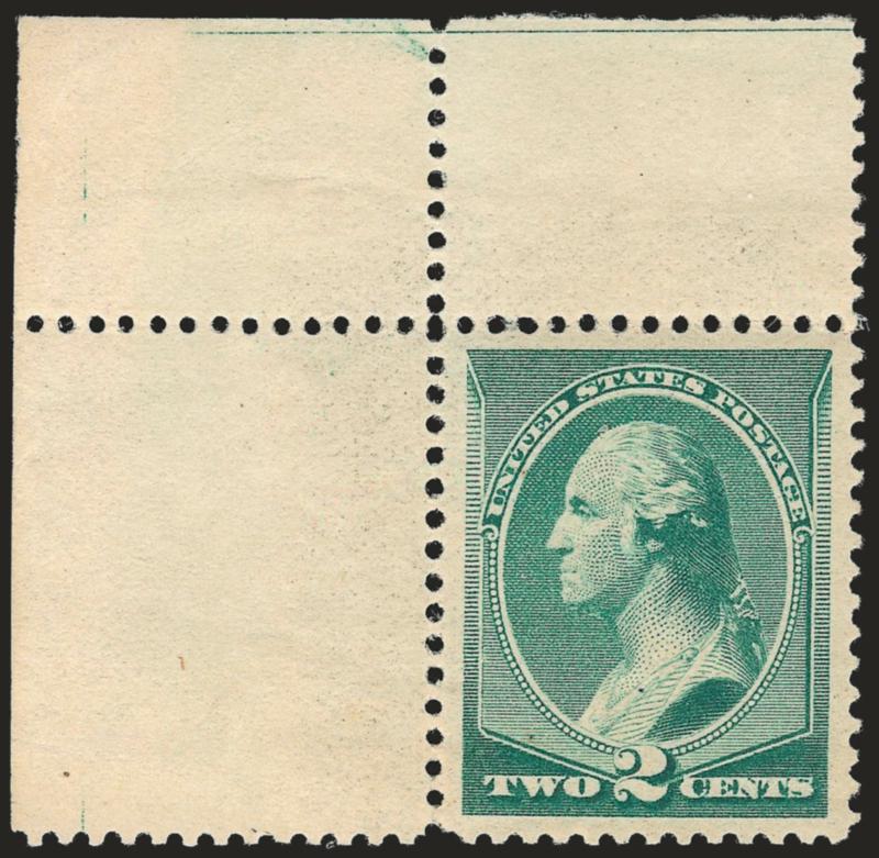 2c Green (213).> Original gum with <top left corner selvage>, small and faint gum disturbance at bottom precludes Mint N.H., exceptionally well-centered with Jumbo margins, Extremely Fine, with 1999 P.F.
certificate as Mint N.H., with 2008 P.S.E. cer