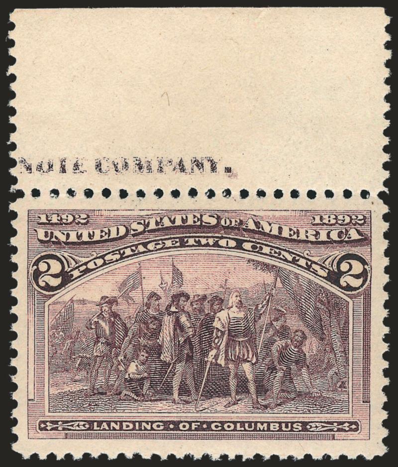 2c Columbian (231).> Mint N.H., with <part imprint selvage> at top, rich color, Jumbo margins, Extremely Fine Gem, with 2008 P.S.E. certificate (XF-Superb 95 Jumbo)