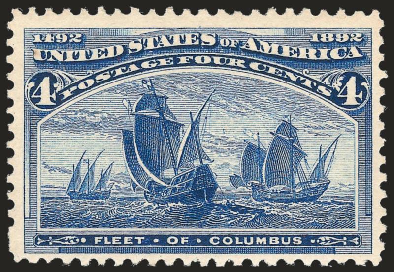 4c Columbian, Error of Color (233a).> Mint N.H., deep rich color and proof-like impression on bright paper, the deeper of the two shades, wide margins for this difficult issue<><>^VERY FINE. ONE OF THE FEW
AVAILABLE MINT NEVER-HINGED EXAMPLES OF TH