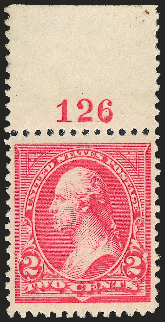 2c Carmine, Ty. II (251).> Original gum, barest trace of previous hinge at bottom, with <plate no. 126> selvage at top, bright shade, Very Fine and choice, with 1992 P.F. certificate