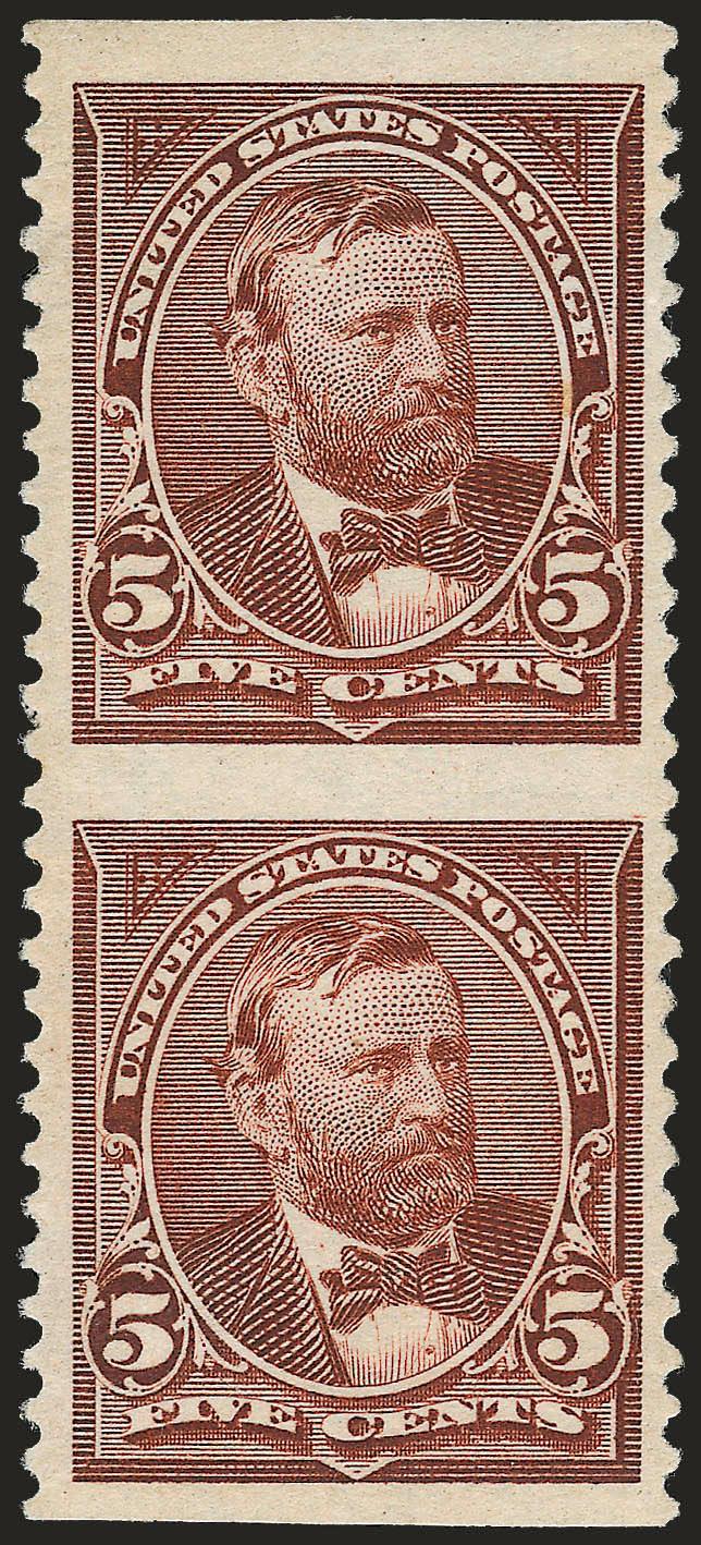 5c Chocolate, Vertical Pair, Imperforate Horizontally (255c).> Original gum, previously hinged, huge margins at top and bottom, exceptionally choice centering with wide perforated margins at sides, fresh color
and detailed impression<><>^EXTREMELY