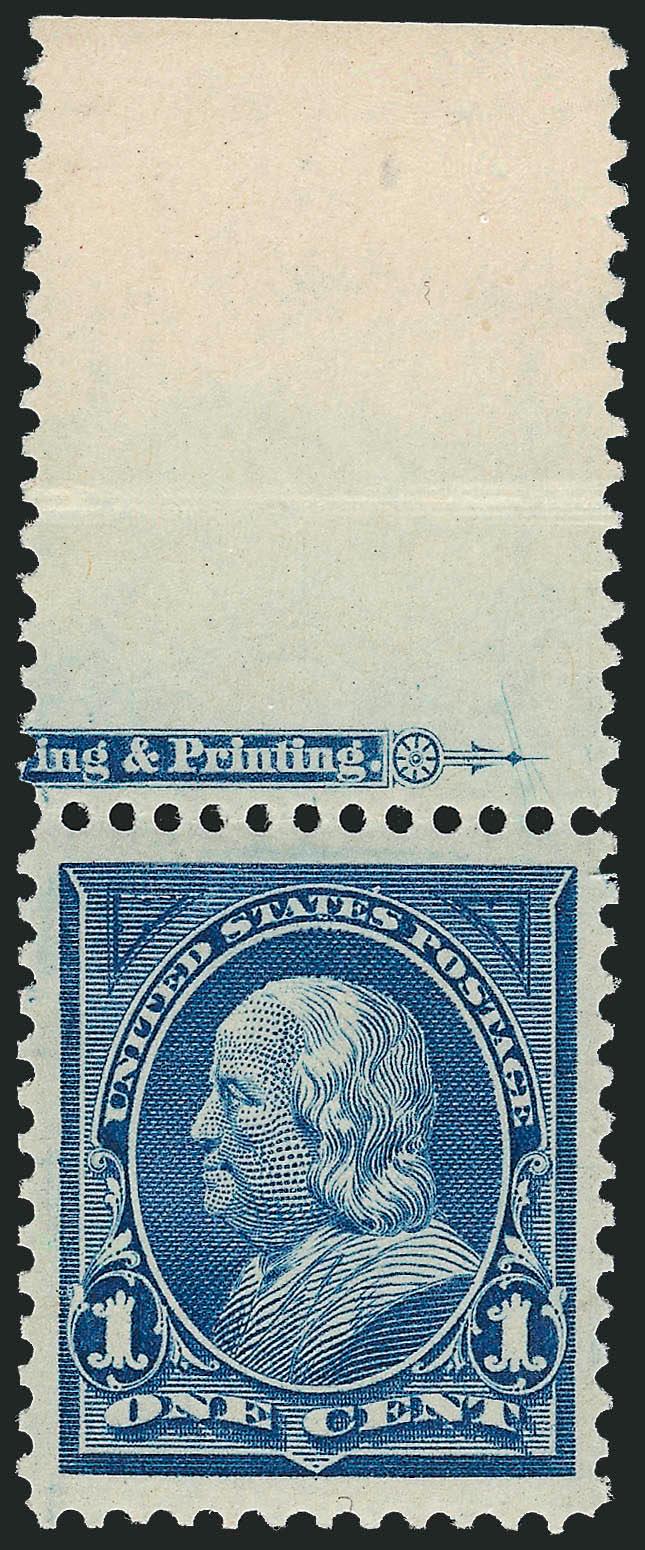 1c Blue (264).> Mint N.H. with <part imprint selvage> at top, deep rich color and proof-like impression on bright paper, choice centering with Jumbo margins, Extremely Fine, with 2008 P.S.E. certificate (XF 90
Jumbo)