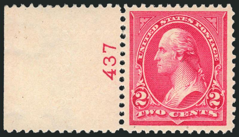 2c Carmine, Ty. III (267).> Mint N.H., with <plate no. 437> selvage at left, wide margins, bright shade, tiny natural inclusion in bottom margin, Extremely Fine, with 1981 P.F. certificate