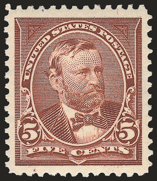 5c Chocolate (270).> Mint N.H., unusually choice centering with Jumbo margins, deep rich color, proof-like impression<><>^EXTREMELY FINE GEM. A SUPERB MINT NEVER-HINGED EXAMPLE OF THE 5-CENT 1895 WATERMARKED
BUREAU ISSUE.^<><>With 1995 P.F. and 2