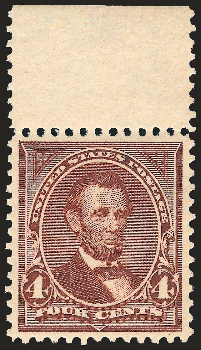 4c Rose Brown (280).> Mint N.H. with top selvage, beautiful deep color, wide margins with almost perfect centering, Extremely Fine, with 2001 and 2008 P.S.E. certificate (XF-Superb 95), only one example has
graded higher to date